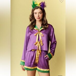522. Satin Ruffle Bow Tie Pajama Set Purple